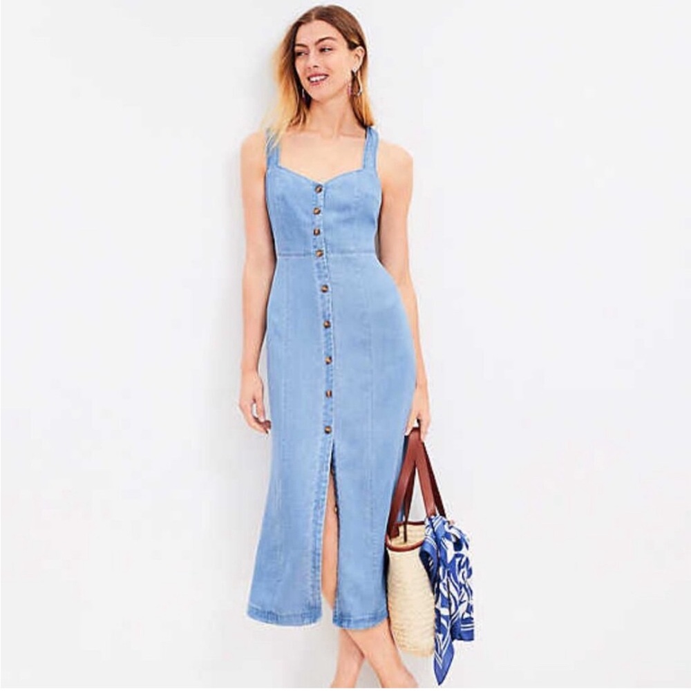 LOFT chambray midi button down dress with crisscross back